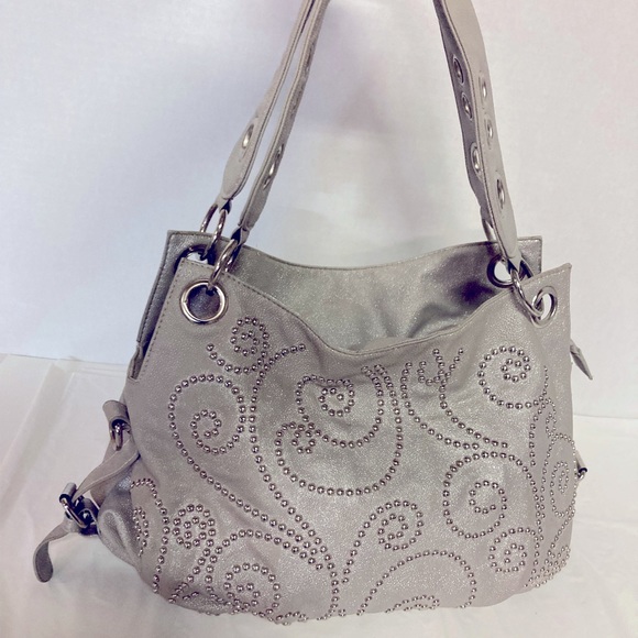 None Handbags - Studded vegan leather purse top handle bag silver metallic